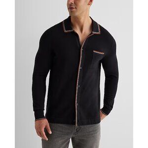 Express Stripe Tipped Cotton Blend Polo Sweater Pitch Black XL